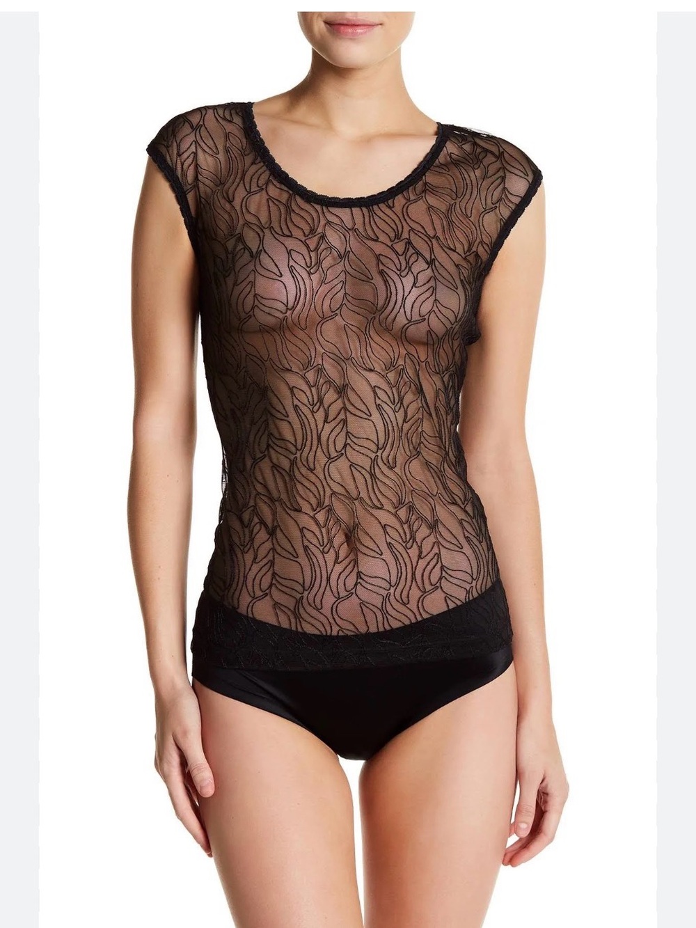 Wolford Black Sheer Lace Short-Sleeve Top